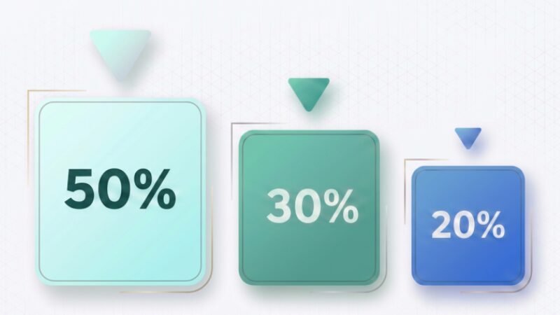 Clean and minimalist infographic splitting a monthly budget into 50 percent, 30 percent, and 20 percent categories.