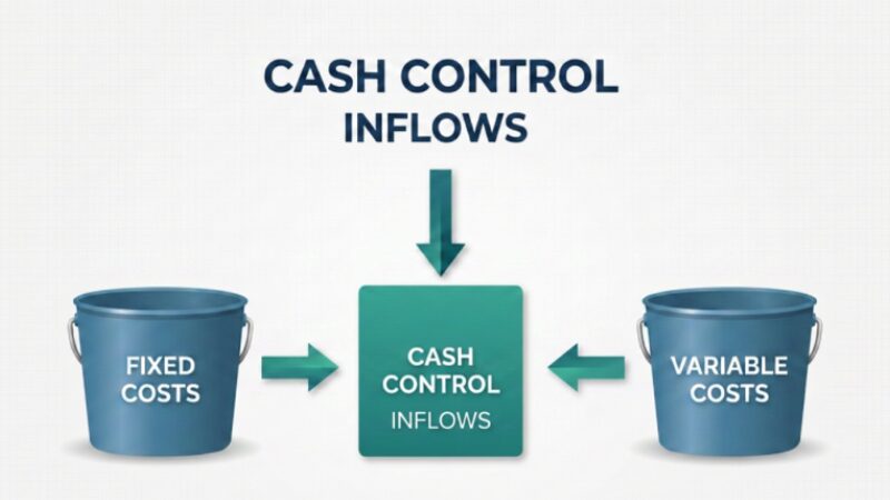 A clear infographic diagram tracking business cash inflows, business control filters, and expense classifications.