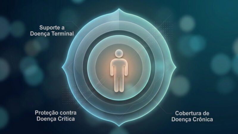 Infográfico explicando os três gatilhos de saúde cobertos pelos benefícios em vida de uma apólice moderna.