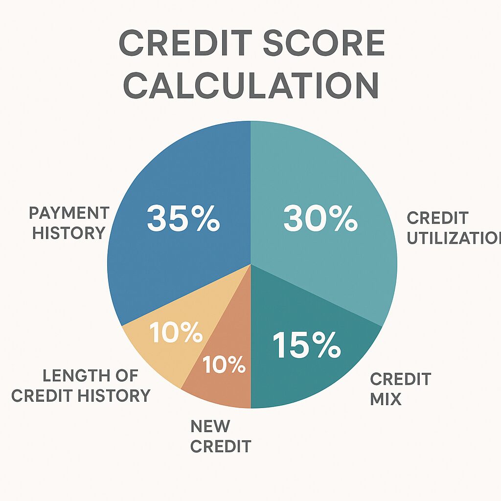 An explanatory chart breaking down the five key components used to calculate an American credit score.
