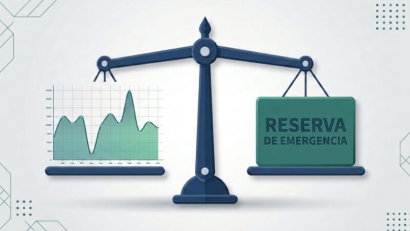Infográfico mostrando o equilíbrio entre a renda variável mensal e a solidez de um fundo de emergência estruturado.