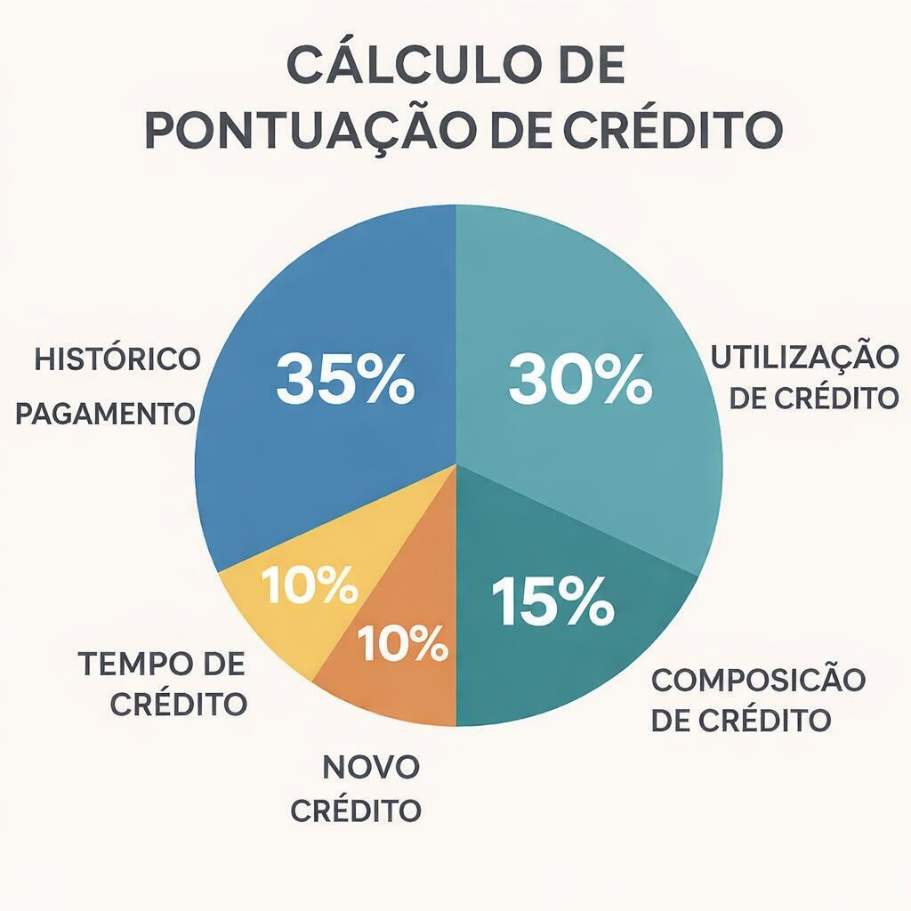 Gráfico explicativo dividindo os cinco fatores que calculam a pontuação do score de crédito americano.