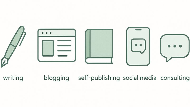 A modern infographic illustrating five low-cost freelance and remote work options to start from home.