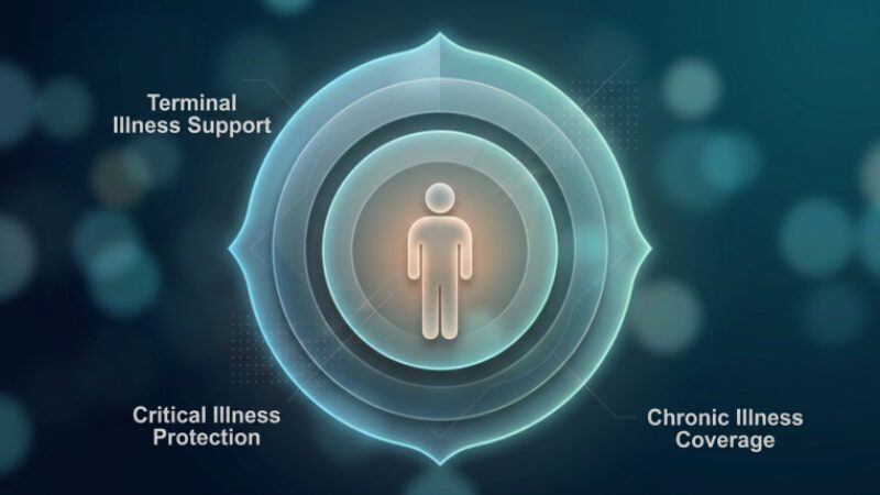 A professional infographic diagram outlining critical, chronic, and terminal illness triggers for insurance acceleration.