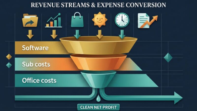 An infographic diagram showing how write-offs and business expenses reduce overall taxable income.