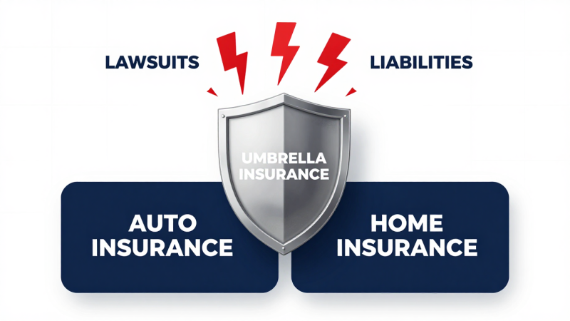 An infographic chart showing how an umbrella policy functions as an extra layer of defense above home and auto limits.