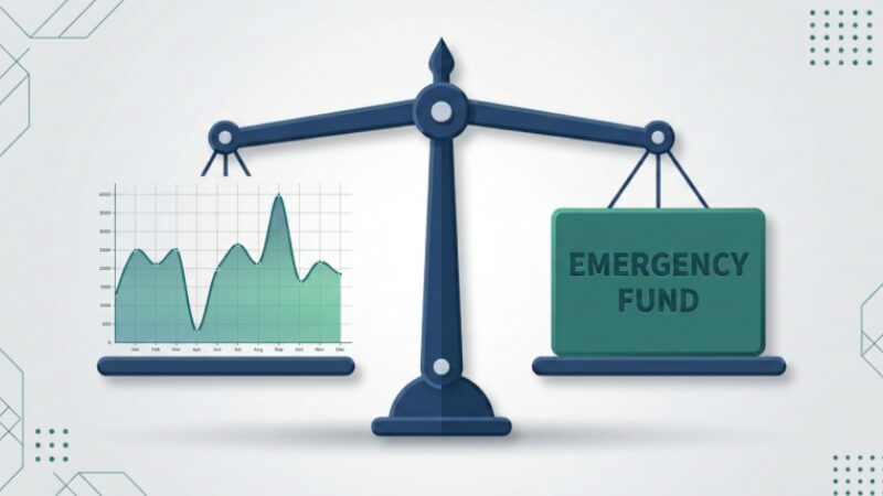 An infographic showing the balance between fluctuating monthly income and a solid structural emergency fund.