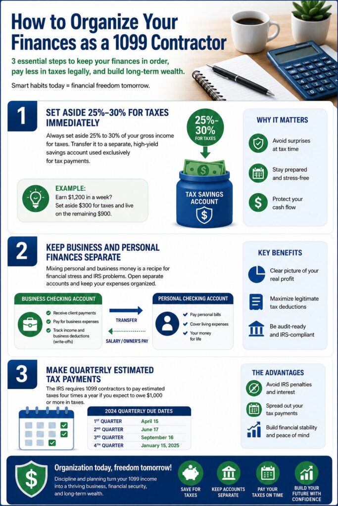 Infographic explaining how 1099 contractors can organize their finances by setting aside 25% to 30% for taxes, separating business and personal finances, and making quarterly estimated tax payments to the IRS.