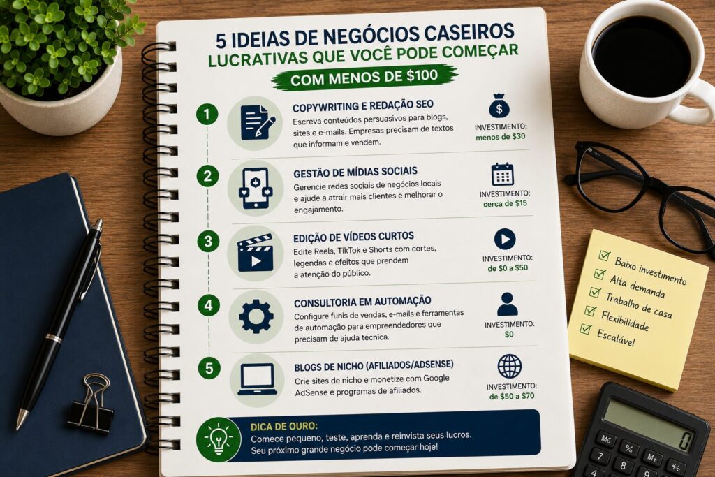 Infográfico apresentando cinco ideias de negócios caseiros lucrativos para começar com menos de 100 dólares, incluindo copywriting, gestão de mídias sociais, edição de vídeos, automação e blogs de nicho.