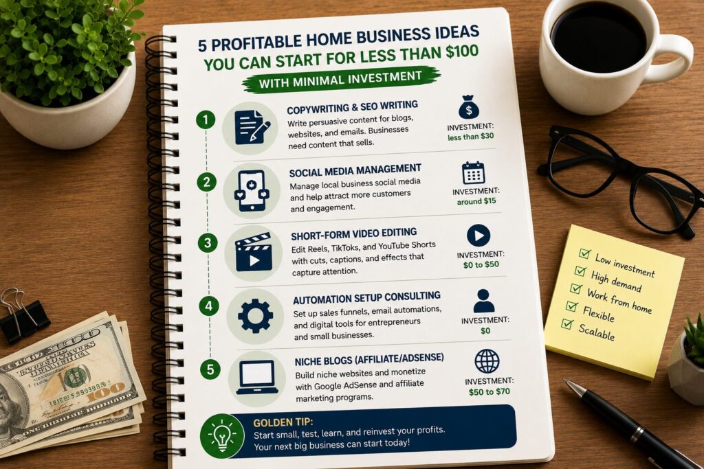Infographic featuring five profitable home business ideas you can start for less than $100, including SEO writing, social media management, video editing, automation consulting, and niche blogging.