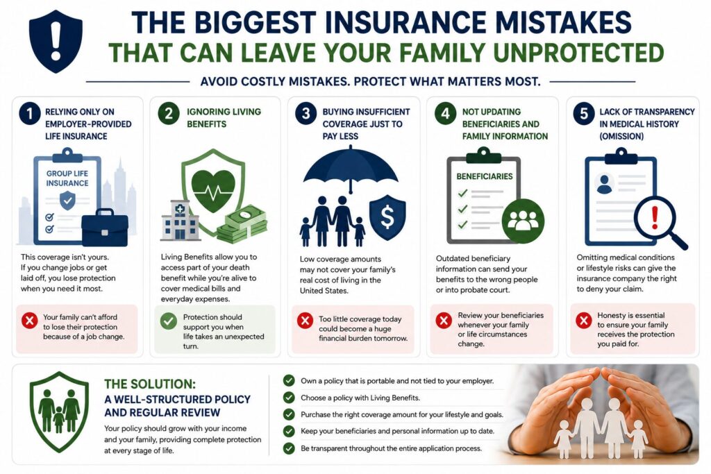 Infographic highlighting the biggest insurance mistakes in the United States, including relying only on employer-provided life insurance, ignoring Living Benefits, buying insufficient coverage, failing to update beneficiaries, and omitting important medical information during the application process.