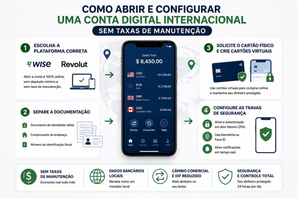 Infográfico explicando como abrir e configurar uma conta digital internacional, incluindo escolha da plataforma, documentação, cartões virtuais e configurações de segurança.