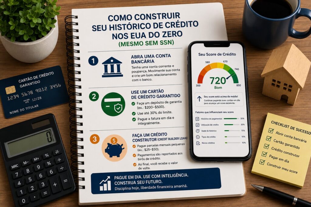 Guia ilustrando as etapas para construir histórico de crédito nos Estados Unidos usando conta bancária, cartão de crédito garantido e Credit Builder Loan.