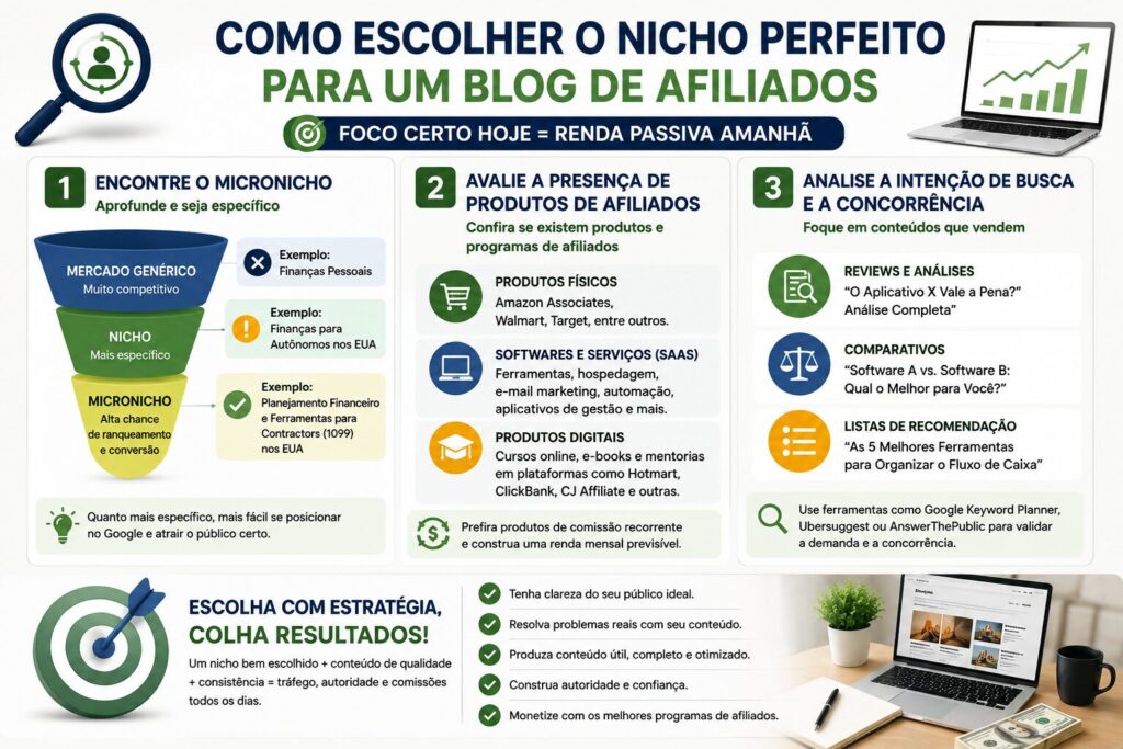 Infográfico explicando como escolher o nicho perfeito para um blog de afiliados, incluindo definição de micronicho, análise de programas de afiliados, intenção de busca e concorrência para gerar tráfego orgânico e comissões.