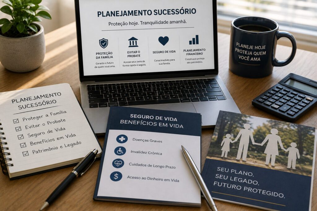 Mesa de escritório com notebook, documentos de planejamento sucessório, seguro de vida e proteção patrimonial representando a organização financeira da família.
