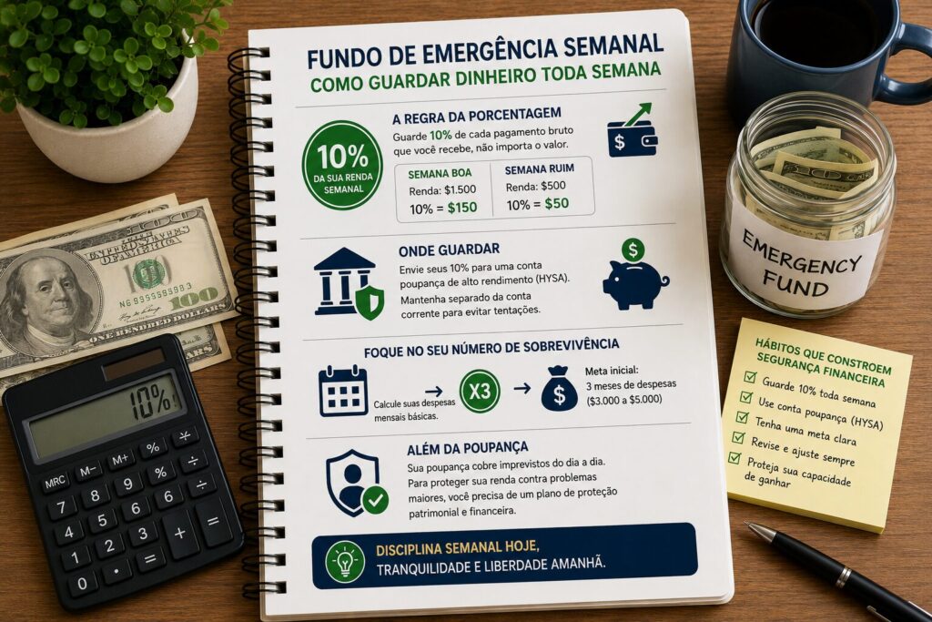 Infográfico mostrando como guardar dinheiro toda semana usando a regra dos 10%, conta poupança de alto rendimento (HYSA) e metas para construir um fundo de emergência nos Estados Unidos.