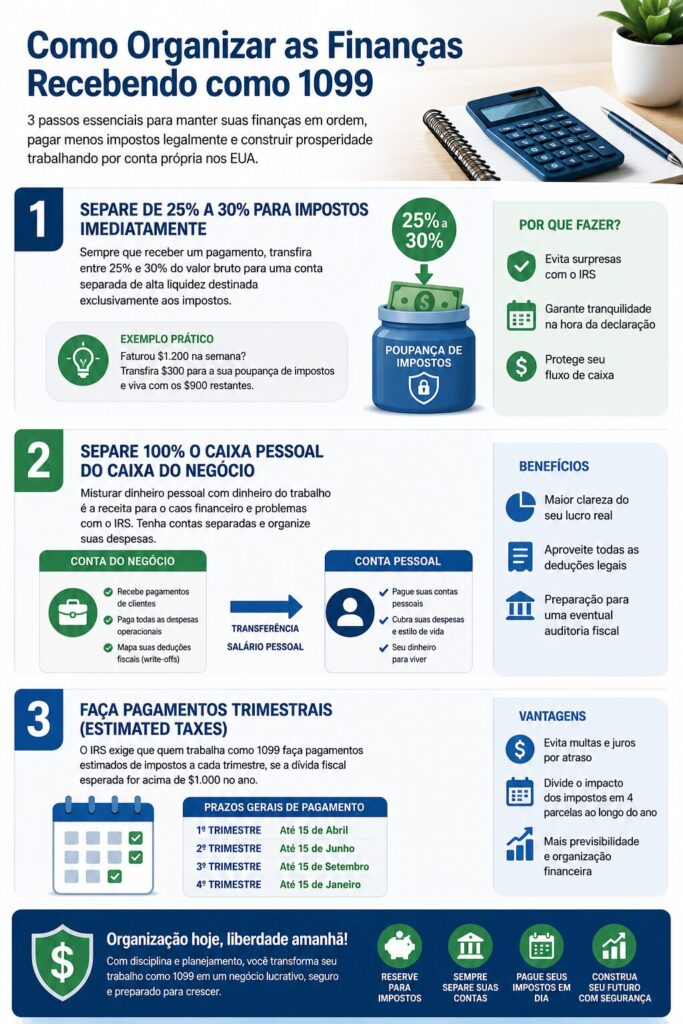 Infográfico em português explicando como organizar as finanças recebendo como 1099 nos Estados Unidos, incluindo reserva de 25% a 30% para impostos, separação entre conta pessoal e conta do negócio e pagamentos trimestrais ao IRS.