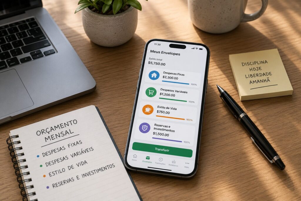 Smartphone exibindo um aplicativo de orçamento com categorias de despesas organizadas pelo método dos envelopes digitais sobre uma mesa de trabalho.