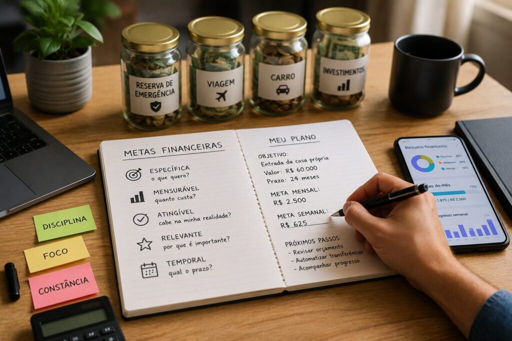 Planejamento de metas financeiras realistas com orçamento, fundo de emergência e objetivos de economia organizados sobre uma mesa de trabalho.