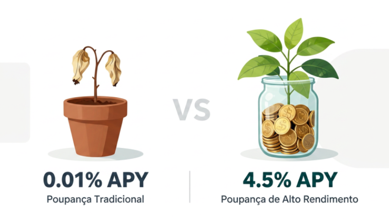 Infográfico comparando o baixo rendimento da poupança comum com o crescimento acelerado de uma conta HYSA.