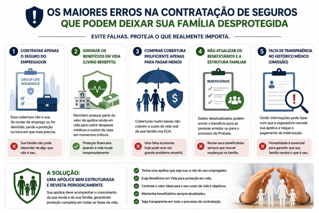 Infográfico apresentando os principais erros na contratação de seguros nos Estados Unidos, incluindo dependência do seguro do empregador, ausência de Living Benefits, cobertura insuficiente, beneficiários desatualizados e omissão de informações médicas.