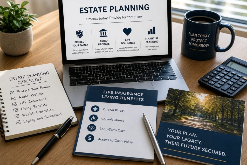 Professional office desk with estate planning documents, life insurance materials, financial planning checklist, and laptop illustrating family financial protection.
