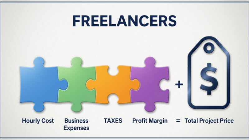 An infographic diagram breaking down the core puzzle pieces of an independent contractor pricing formula.