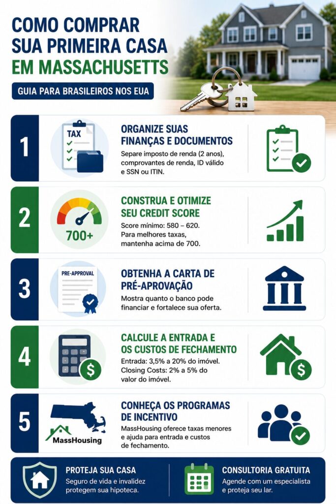 Infográfico em português mostrando os principais passos para comprar a primeira casa em Massachusetts, incluindo organização financeira, credit score, pré-aprovação do financiamento, custos de fechamento e programa MassHousing.