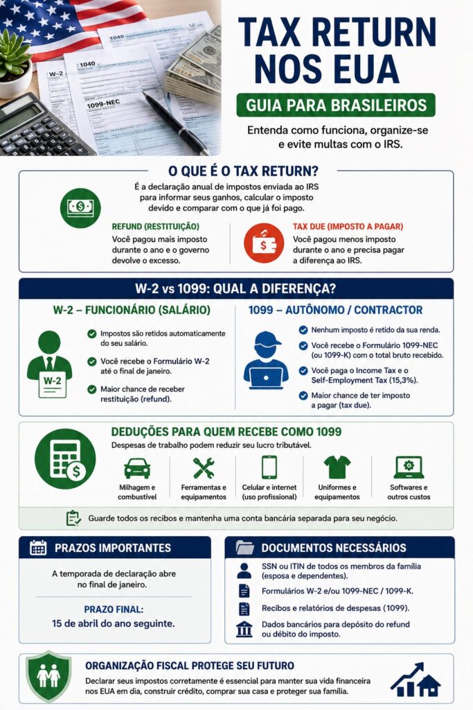 Infográfico em português explicando como funciona o Tax Return nos Estados Unidos, mostrando as diferenças entre trabalhadores W-2 e 1099, restituição de imposto, imposto devido, deduções fiscais, prazos e documentos necessários.