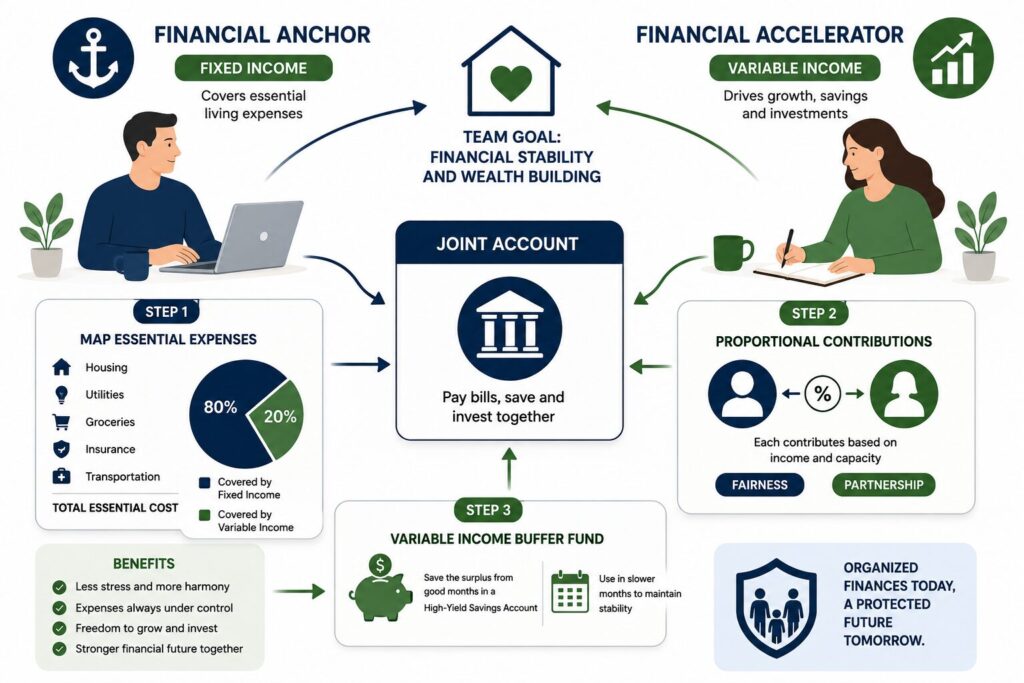 Infographic explaining how couples can organize household finances when one partner has a fixed income and the other has variable income, using a financial anchor strategy, proportional joint account contributions, and an income buffer fund.