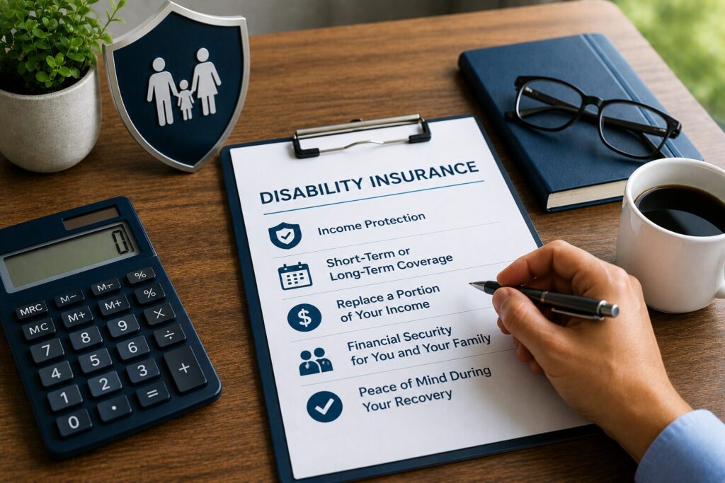 Disability insurance planning document explaining income replacement, short-term and long-term coverage, and financial protection.