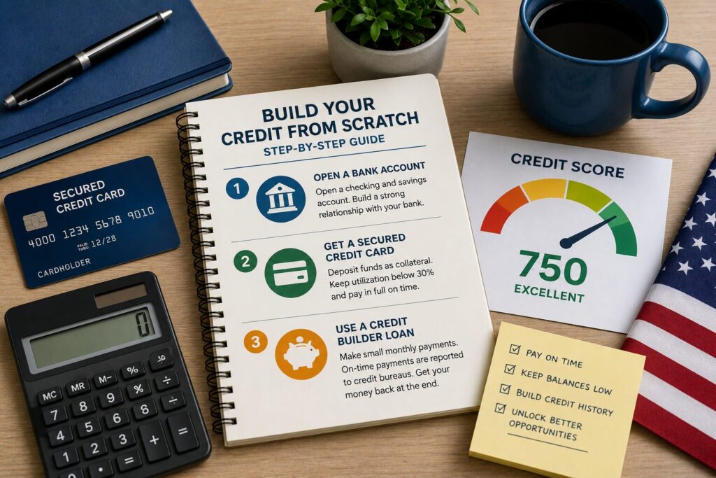 Step-by-step guide showing how to build credit with an ITIN using a bank account, secured credit card, and credit builder loan in the United States.