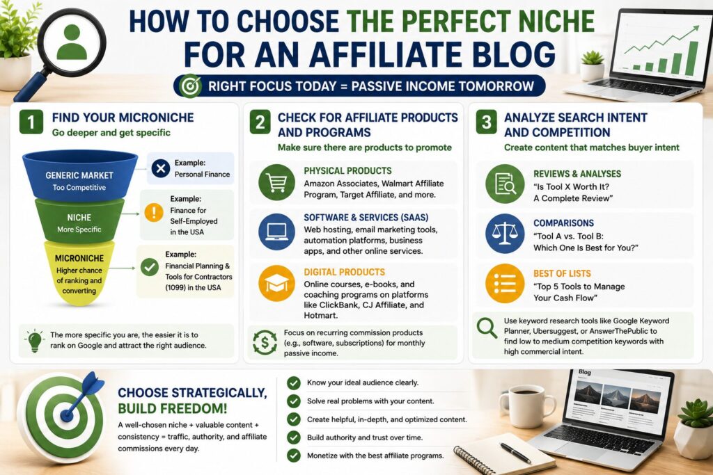 Infographic explaining how to choose a profitable niche for an affiliate blog, including finding a microniche, evaluating affiliate programs, analyzing search intent, and researching competition to increase organic traffic and affiliate commissions.