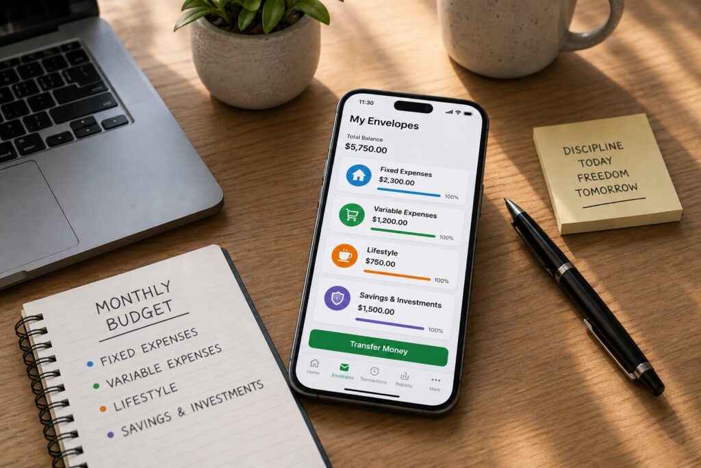 Smartphone displaying a digital envelope budgeting app with categorized monthly expenses on a modern home office desk.