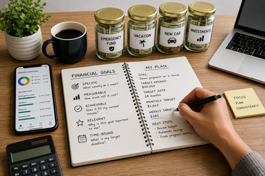 Organized workspace with budgeting tools, savings items, and financial planning materials representing realistic financial goals.