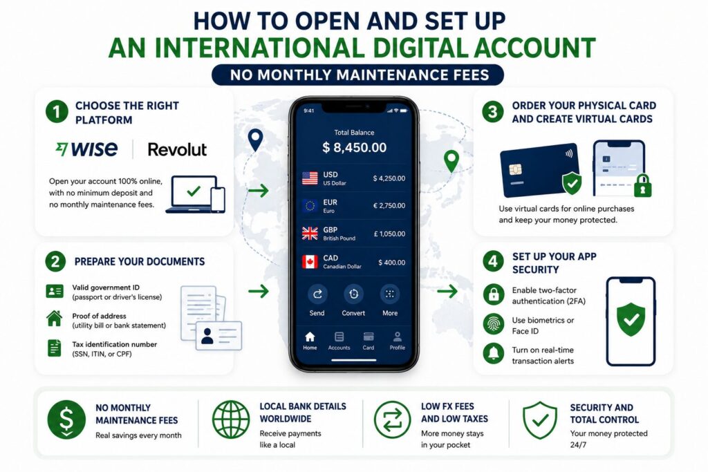 Infographic showing how to open and set up an international digital account, including choosing a platform, preparing documents, creating virtual cards, and enabling security features.