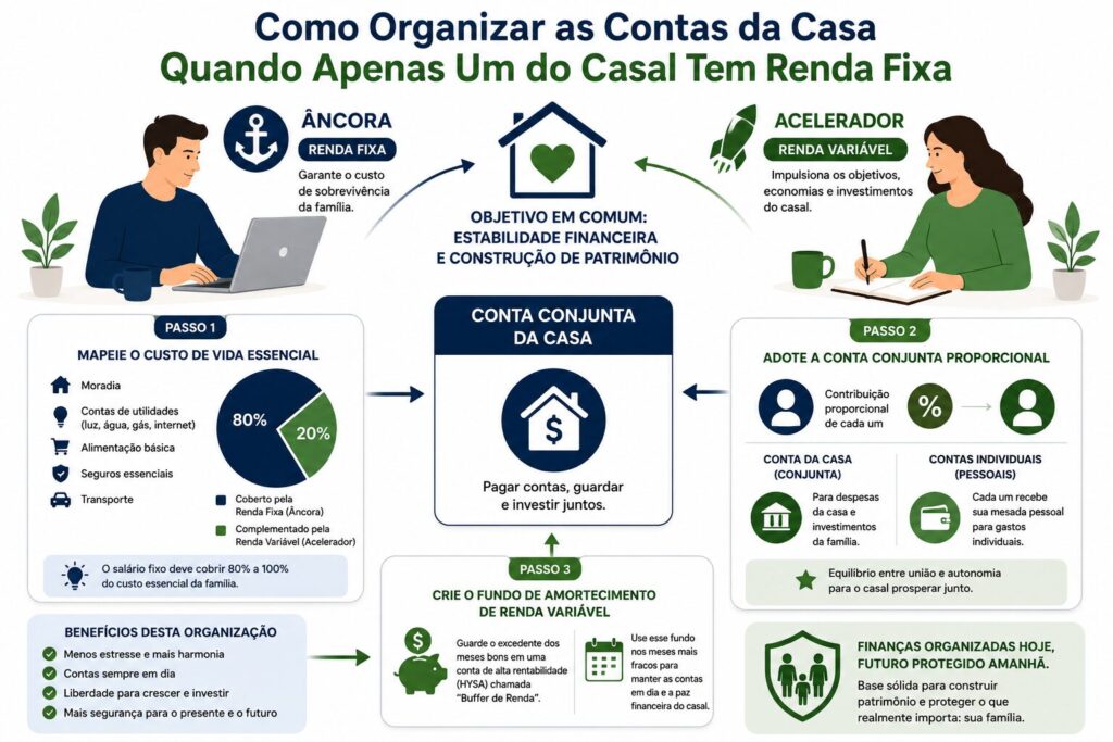 Infográfico explicando como organizar as contas da casa quando apenas um do casal tem renda fixa, utilizando o método da âncora financeira, conta conjunta proporcional e fundo de amortecimento para renda variável.