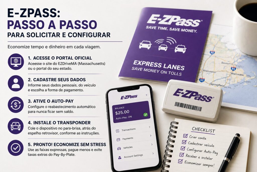 Guia ilustrado mostrando como solicitar, cadastrar e configurar o E-ZPass com transponder, aplicativo e checklist para economizar em pedágios.