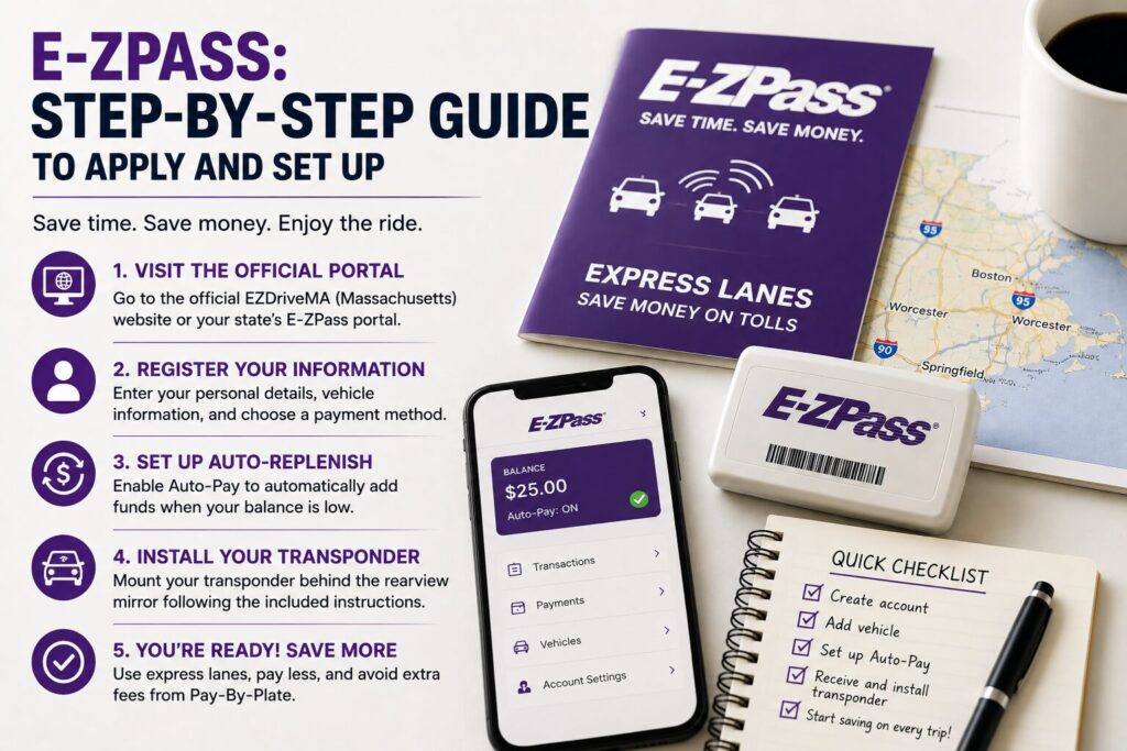 Step-by-step guide showing how to register, activate Auto-Replenish, and install an E-ZPass transponder for electronic toll payments.