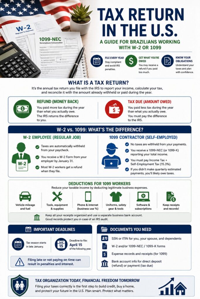 Infographic explaining how U.S. tax returns work, including the differences between W-2 employees and 1099 contractors, tax refunds, taxes owed, deductible business expenses, filing deadlines, and required IRS tax documents.