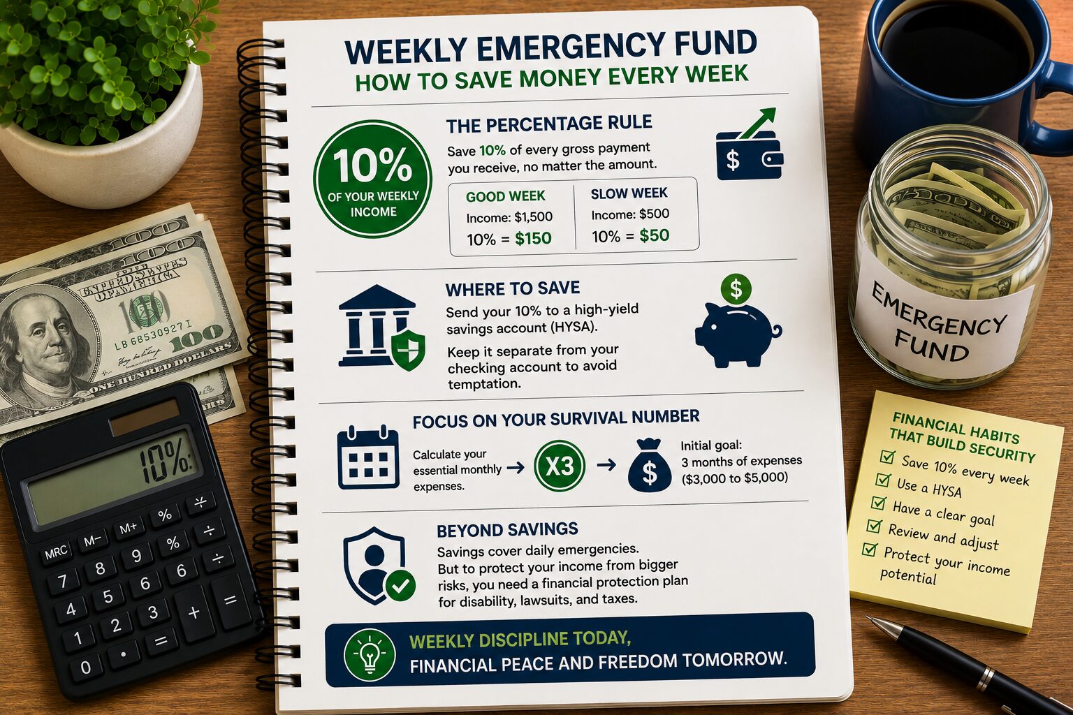 Infographic explaining how to save money every week using the 10% savings rule, a high-yield savings account (HYSA), and weekly budgeting to build an emergency fund in the United States.