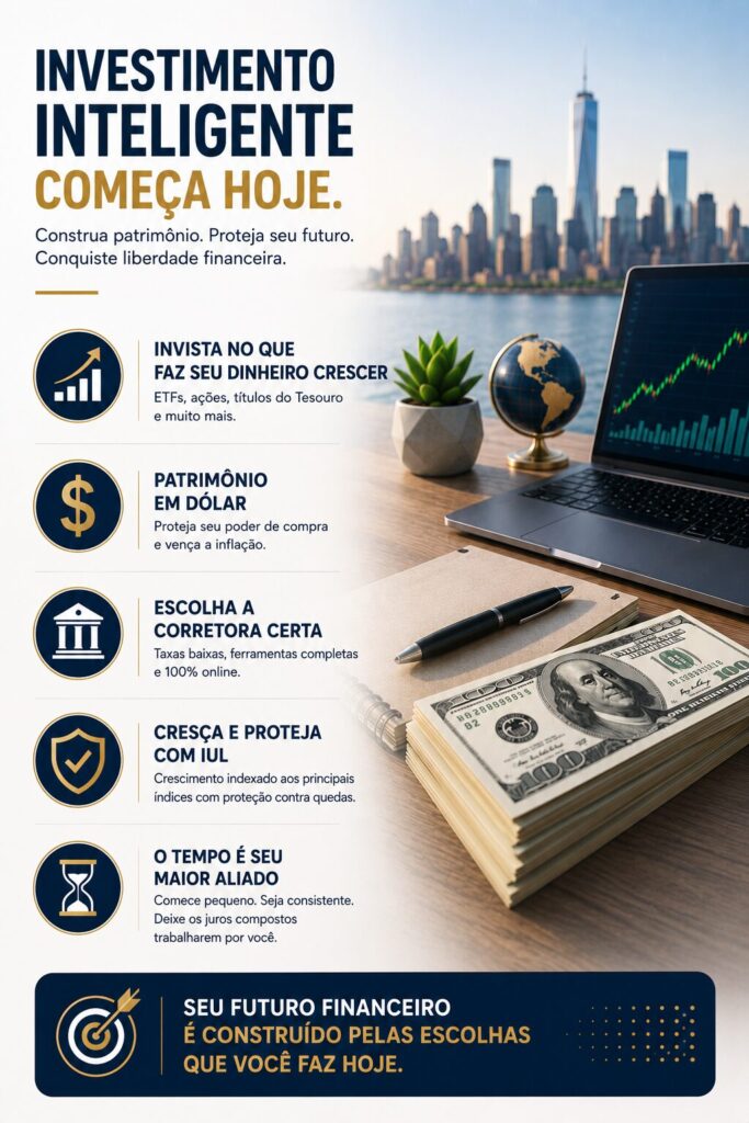 Infográfico em português apresentando os principais passos para começar a investir nos Estados Unidos, incluindo ETFs, patrimônio em dólar, escolha da corretora, proteção com IUL e investimentos de longo prazo para brasileiros.