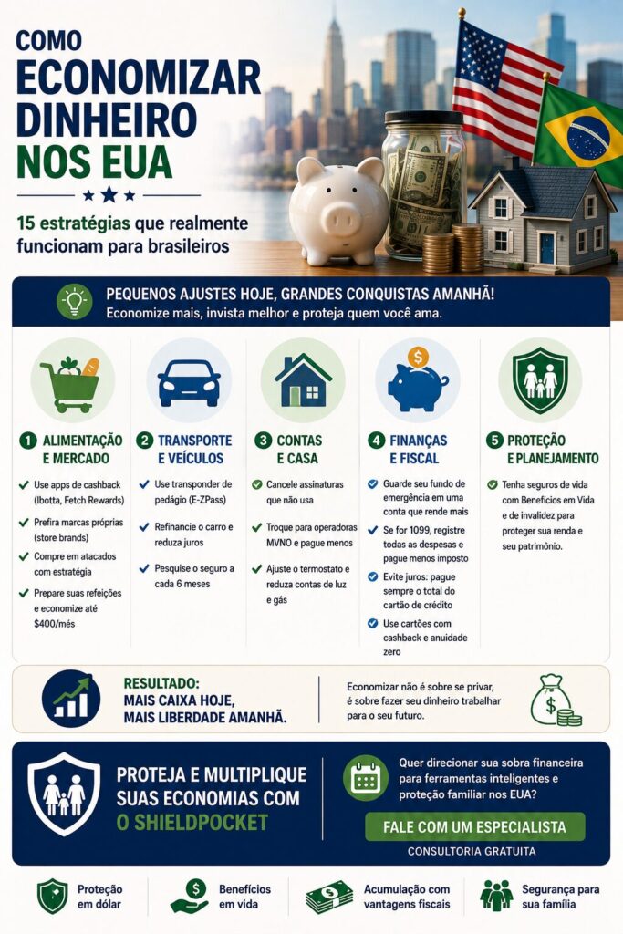 Infográfico em português com estratégias práticas para economizar dinheiro nos Estados Unidos, incluindo alimentação, transporte, contas da casa, planejamento financeiro, proteção patrimonial e dicas para brasileiros que vivem nos EUA.