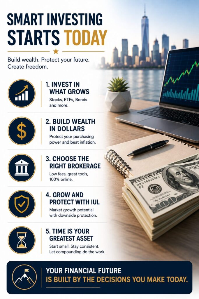 Infographic highlighting the key steps to start investing in the United States, including ETFs, dollar-based wealth, choosing the right brokerage account, Indexed Universal Life (IUL), and long-term investing strategies.