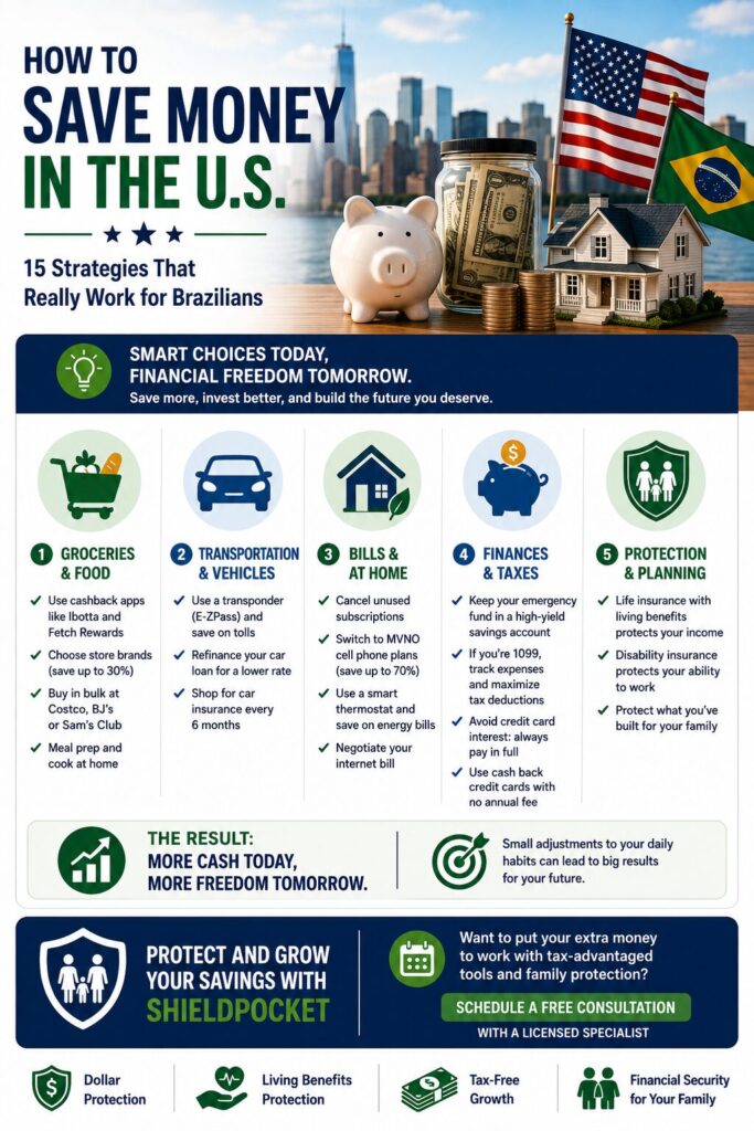 Infographic highlighting practical money-saving strategies in the United States, including grocery savings, transportation, household bills, tax planning, emergency savings, and financial protection for Brazilian immigrants and U.S. residents.