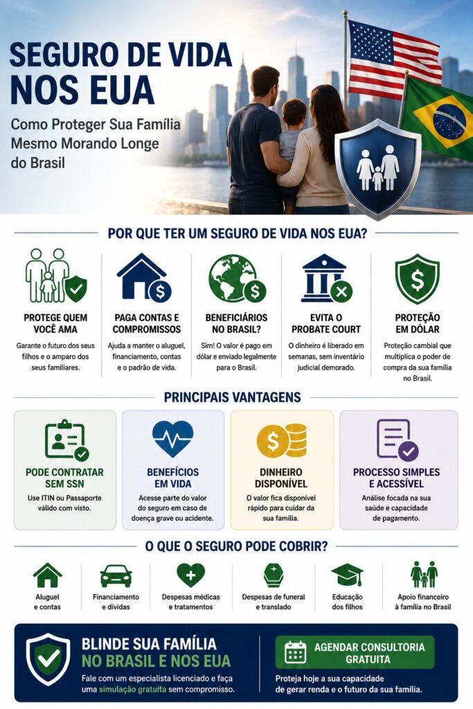 Infográfico em português explicando como funciona o seguro de vida nos Estados Unidos para brasileiros, destacando benefícios em vida, contratação com ITIN, beneficiários no Brasil, proteção em dólar e como evitar o Probate Court.