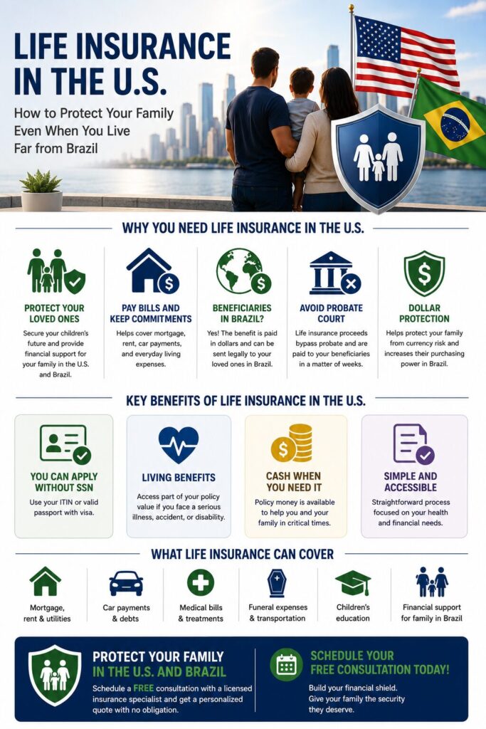 Infographic explaining how U.S. life insurance protects Brazilian families through living benefits, ITIN eligibility, beneficiaries in Brazil, dollar-denominated coverage, and avoiding the probate process.