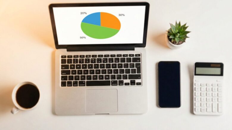 Modern workspace with a laptop showing a 50 30 20 rule budget chart for monthly financial planning.