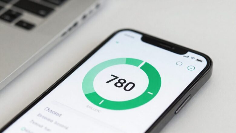 Smartphone mostrando aplicativo financeiro com pontuação de score de crédito excelente na zona verde.