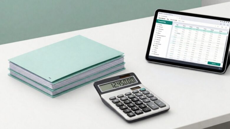 Calculadora e tablet com aplicativo de planejamento tributário sobre mesa de escritório organizada.